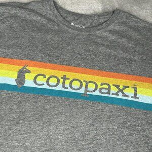 Cotopaxi Shirt Mens Small Gray Rainbow Stripe Llama Logo Graphic Tee Outdoor